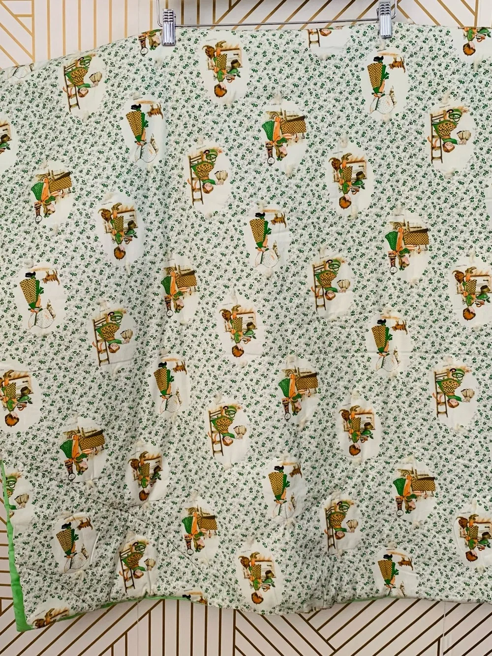 Vintage Holly Hobbie Crib Quilt floral green chores & tasks 70 x 34” flowers